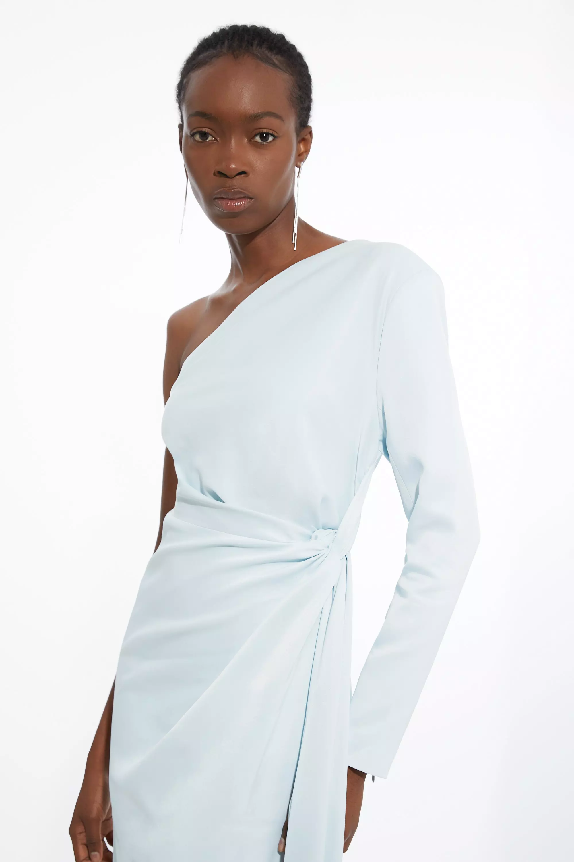 Satin Back Crepe One Shoulder Drape Midi Dress | Karen Millen